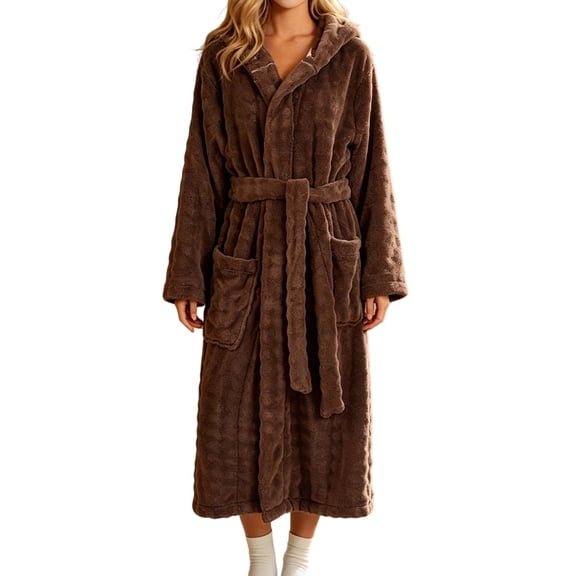 Winter Fleece Robe for Women Comfy Absorbent Wrap Bathrobe with Belt Loose Long Sleeve Hooded Pocket Long Bathrobe