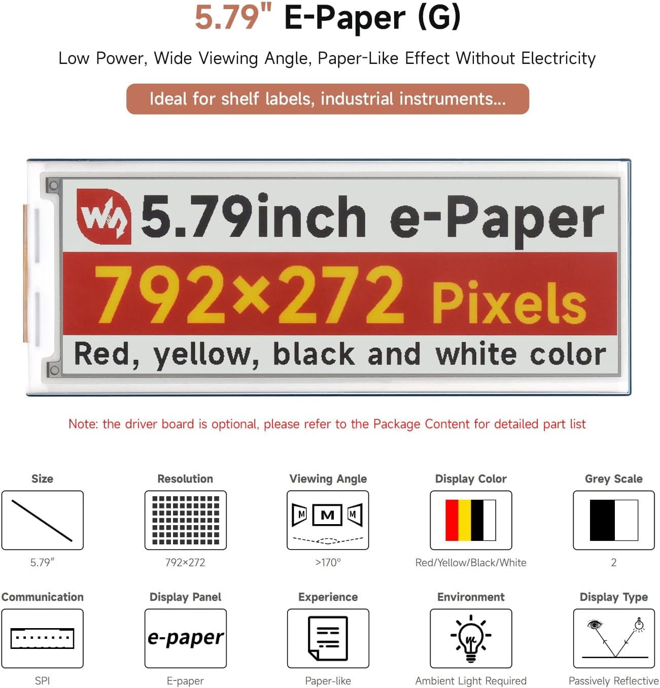 5.79inch E-Paper Display Module, Compatible with 5/4B/3B/Zero/Zero W/Zero 2W/Pico/Pico W/Pico WH, 792x272, E-Ink Display, Red/Yellow/Black/White, SPI Interface