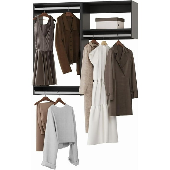 Modular Closet Organizer, 49" Wide with Hanging, Wood Tower Storage for Walk-in Closet, Wall-Mounted Wardrobe Organizer Kit, Black