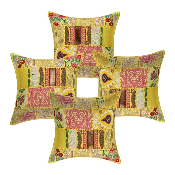 Stylo Culture Indian Cotton Living Room Throw Pillow Sham Covers Lemon Yellow 16 x 16 Bohemian Vintage Patchwork Indian Couch Cushion Covers 40x40 cm Decorative Floral Square Pillowcases | Set Of 4