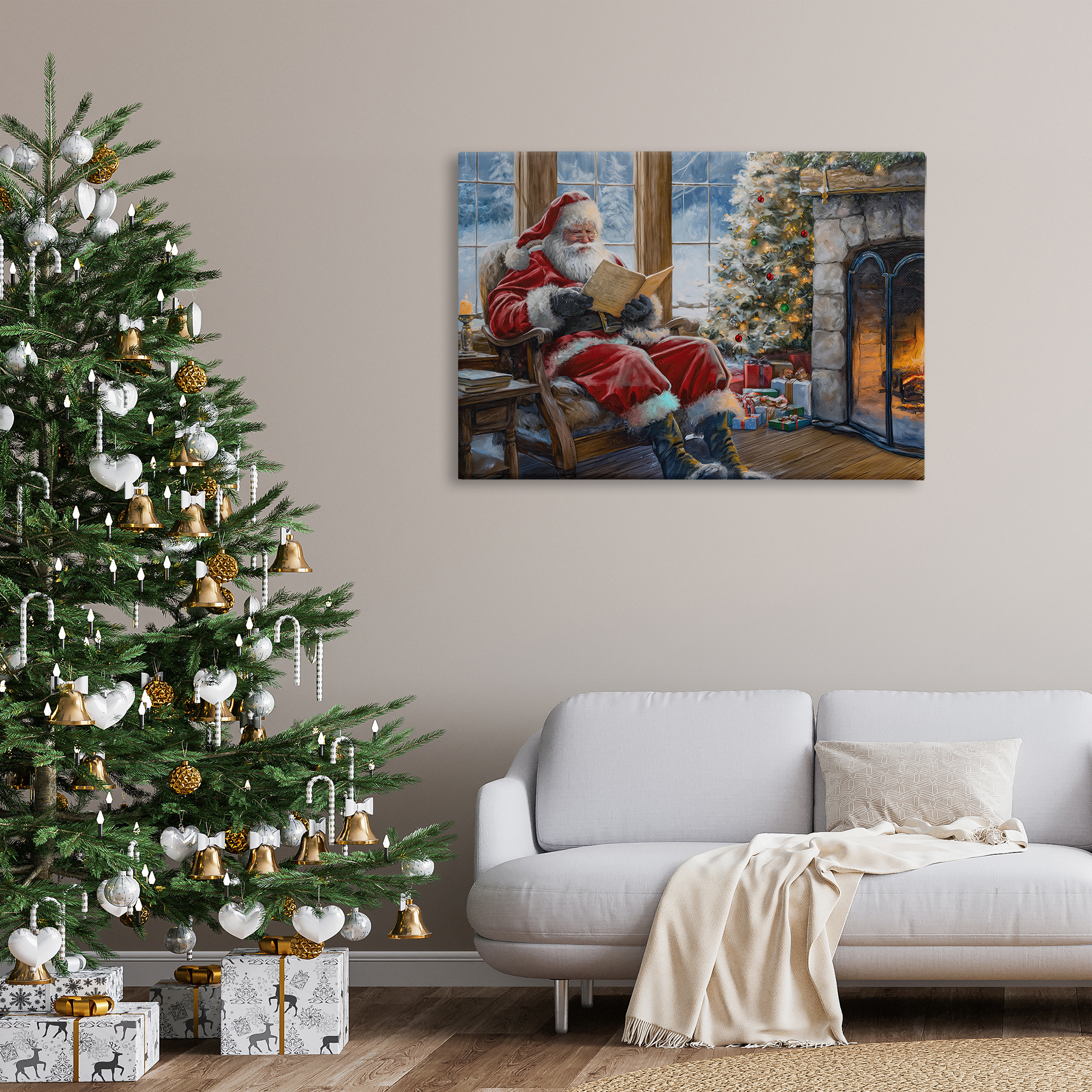 Stupell Industries Santa Reading by Fire Holiday Painting Gallery Wrapped Canvas Art Prints Wall Art, 45 x 30