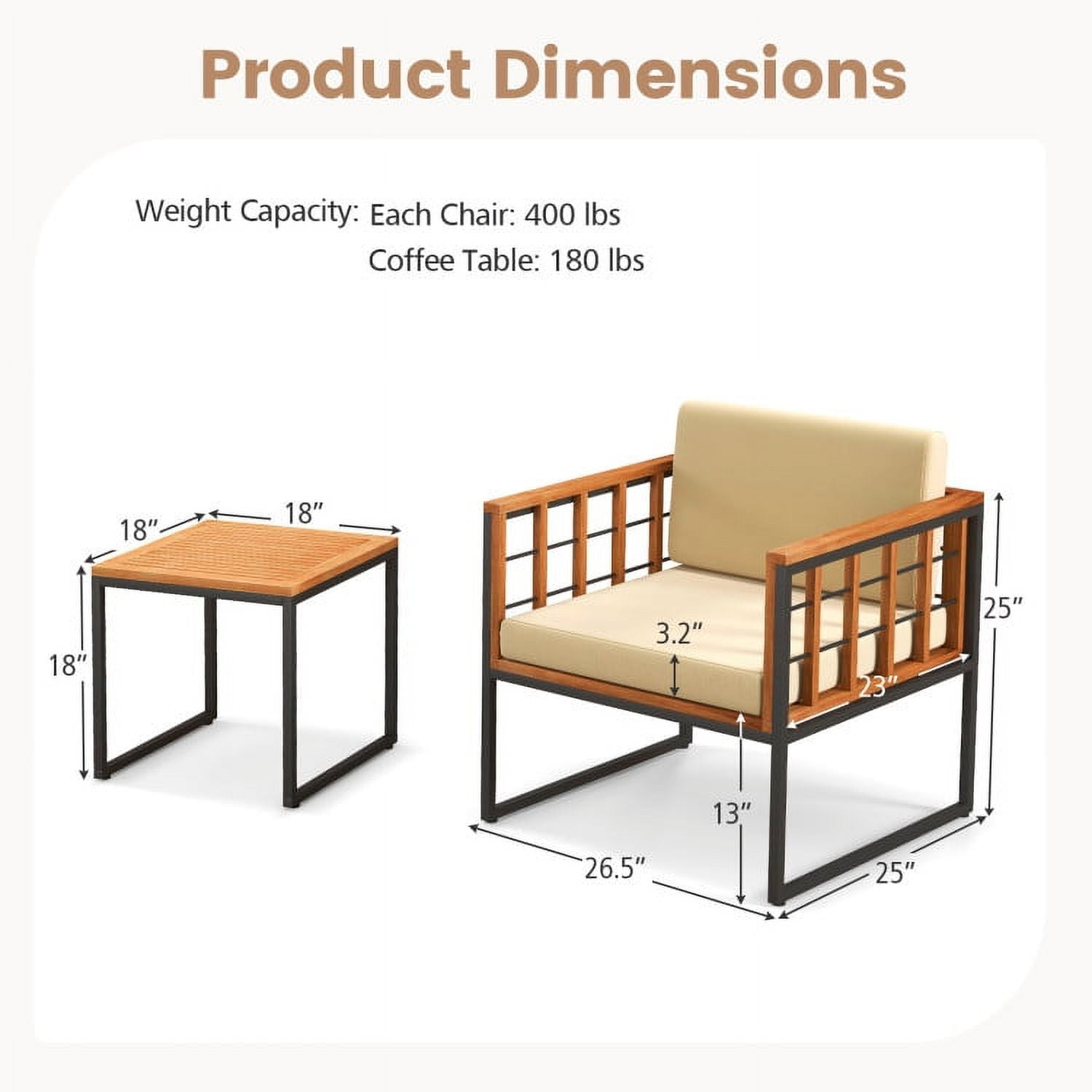 Aimee Lii 3 Pieces Patio Chair Set Acacia Wood Outdoor Sofa Set with Soft Cushions, Outdoor Patio Furniture Sets, Beige