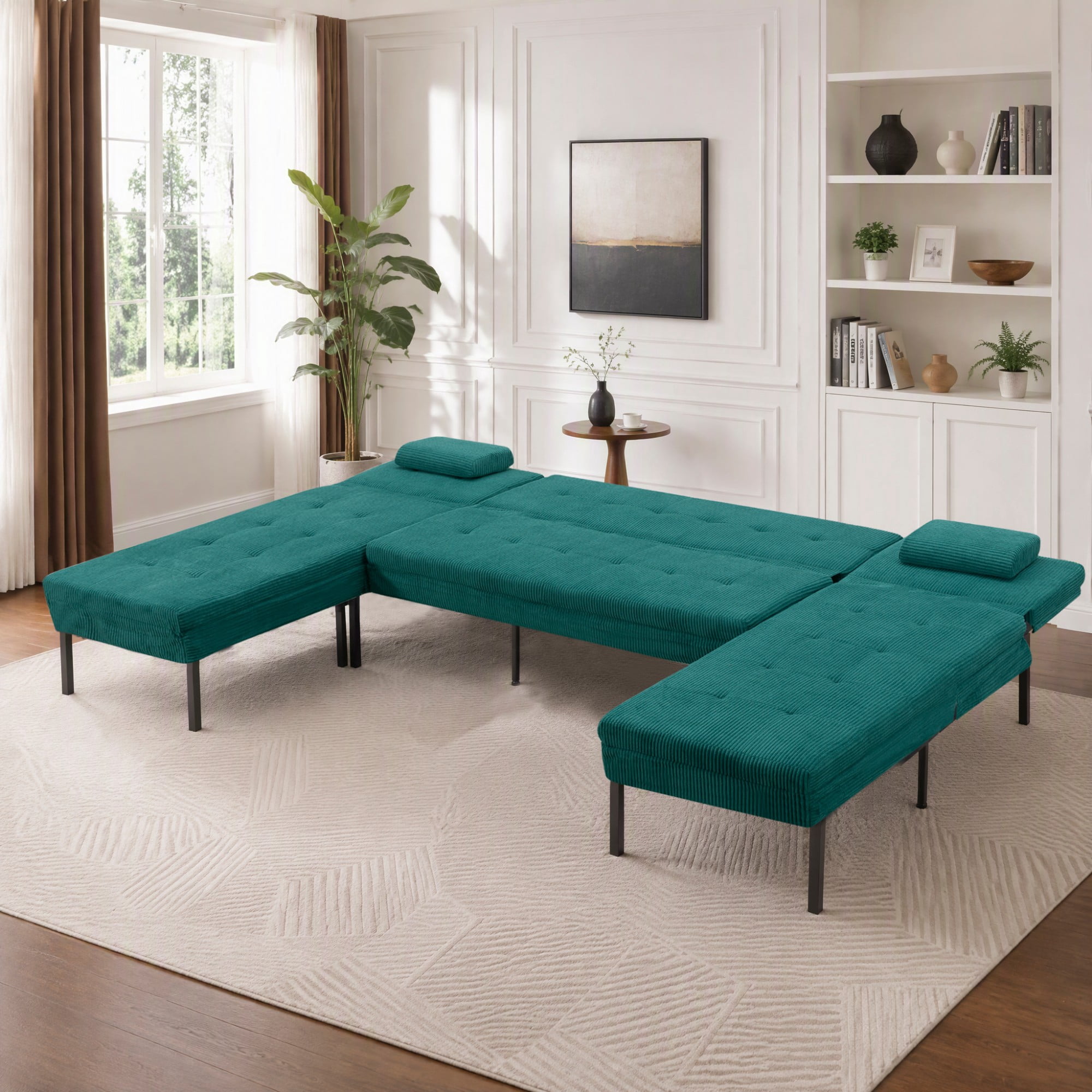 BSHTI 117.13" Soft Corduroy U-Shaped Sectional Sofa Bed with 5-Position Backrest, Comfy Couch for Living Room（Green）