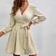 thumbnail image 2 of Vestido con cuello en V Color puro Globo Mangas largas Fibra de poliéster Vestido informal con cinturón para compras diarias Beige M, 2 of 6