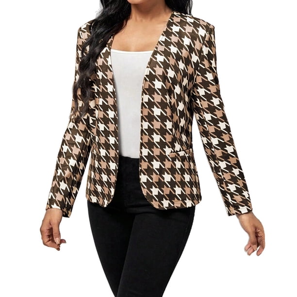 Chaquetas de traje estilo casual Chaqueta de traje con bolsillo y estampado informal de manga larga con cuello en V para mujer,blazer moda(Caqui, M)