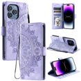 thumbnail image 1 of Flip Case for iPhone 16 Pro Max , Totem Embossed Flowers Premium PU Leather Wallet Folio Cover with Card Holder Kickstand Compatible with iPhone 16 Pro Max - Light Purple, 1 of 14