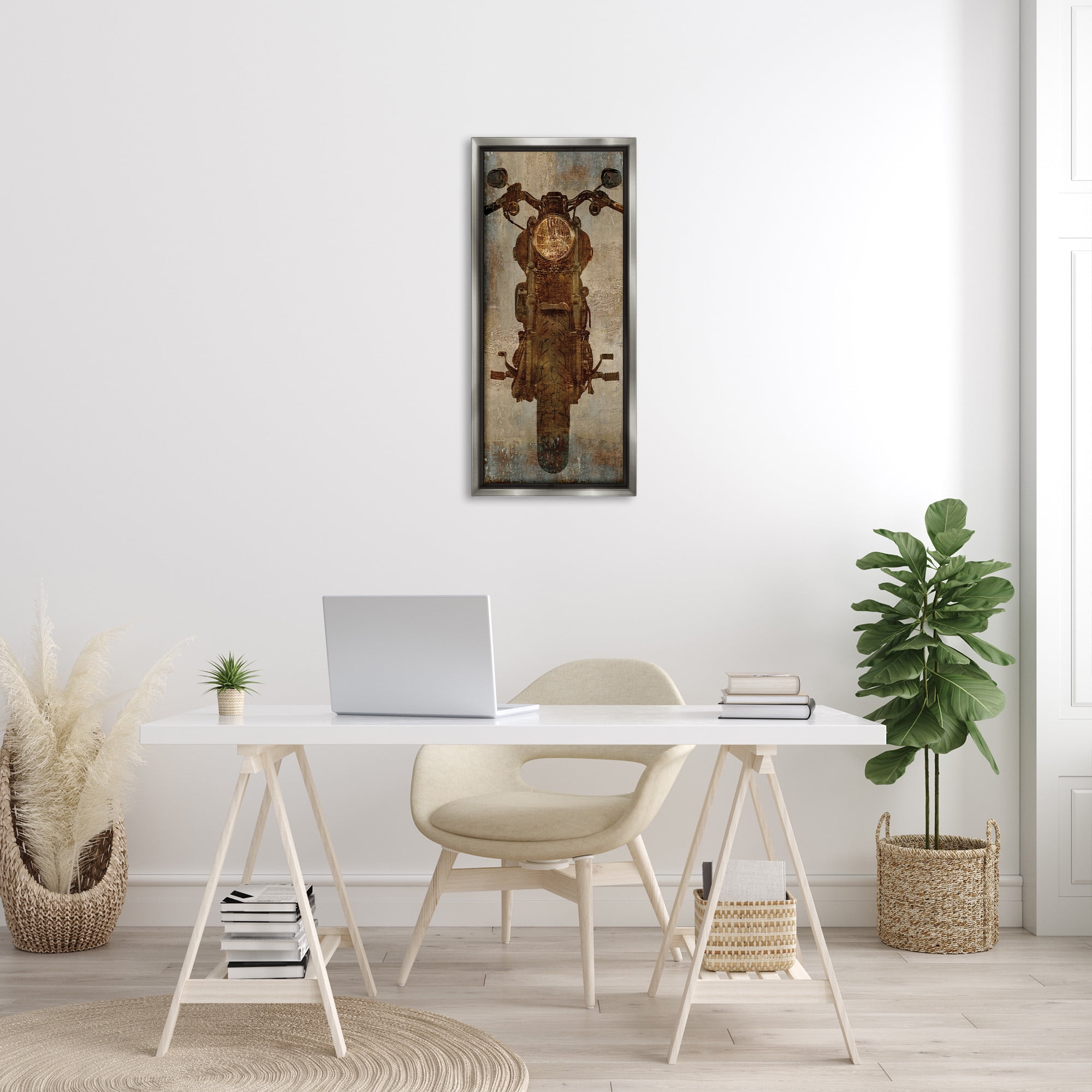 Stupell Industries Motorcycle Silhouette Rustic Pattern Transportation Painting Gray Floater Framed Canvas Art Print Wall Art, 15 x 31