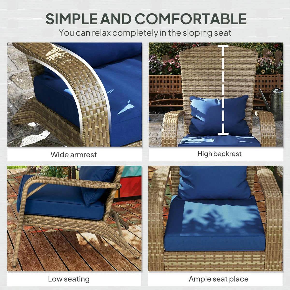 Spaco Patio Adirondack Chair with Rattan Wicker, Rattan Chair with Soft Cushions and Tall Curved Backrest for Outdoor, Dark Blue
