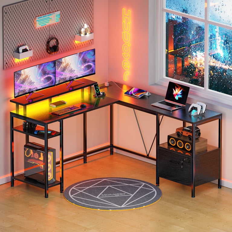 Hugger L-Shaped Desk with LED Lights, Outlets, USB Ports, Storage