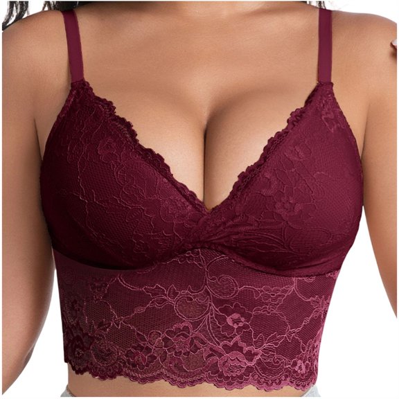 Qgtaibl Lace Bra for Women Longline Wireless No Padding Bralette Adjustable Spaghetti Straps Sheer Mesh Sexy Layering Bralette Top Wine L