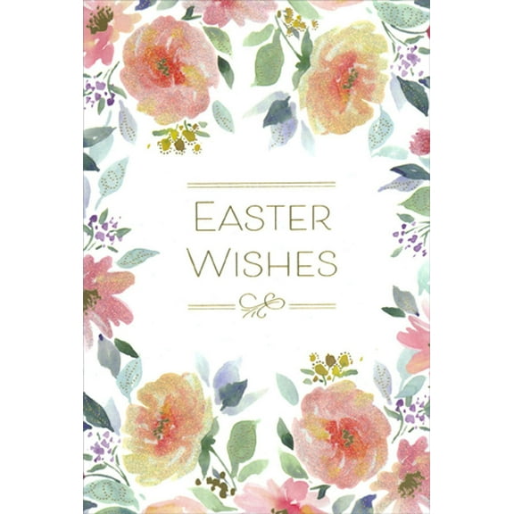 Pictura Easter Wishes Bordered by Sparkling Pink and Yellow Flowers Easter Card