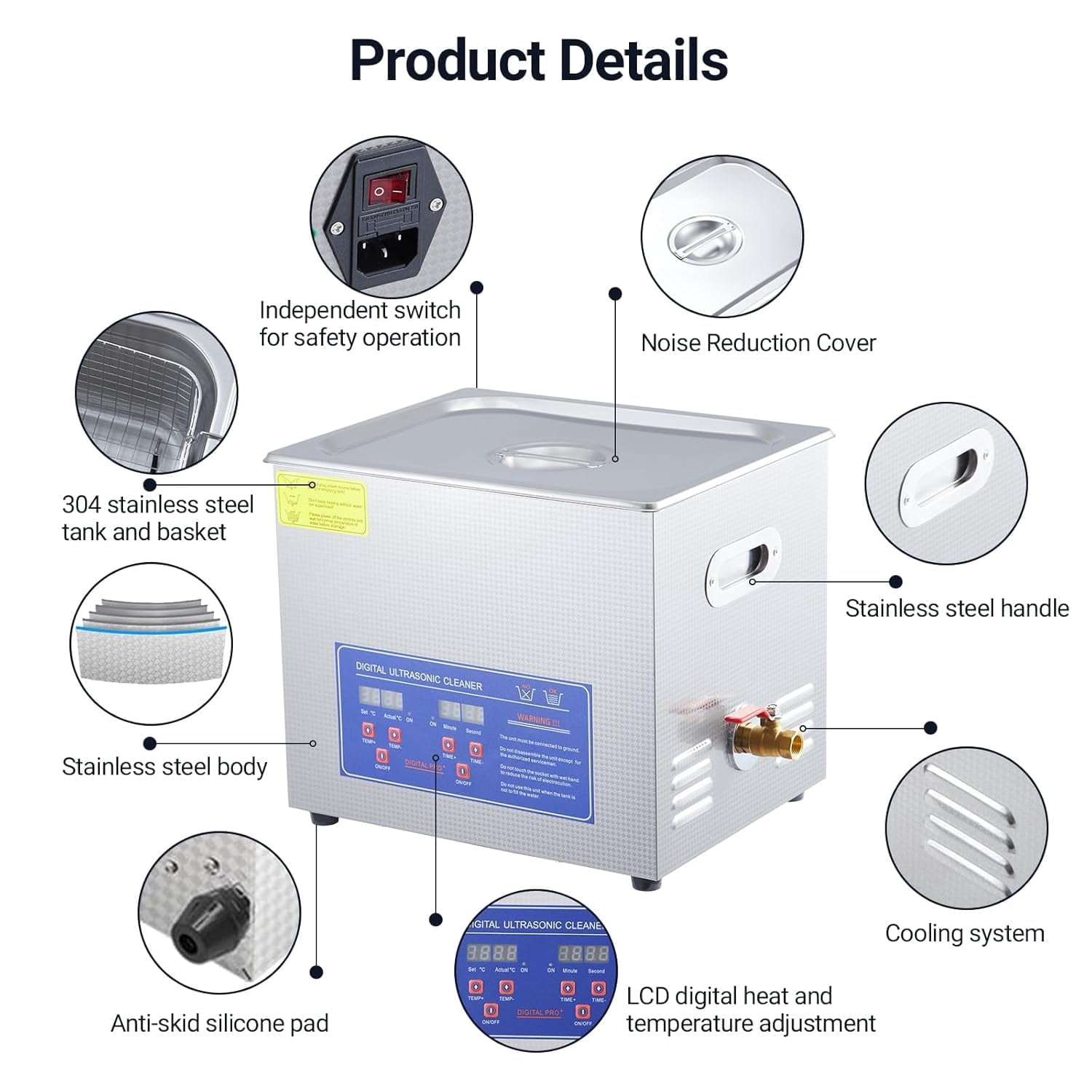 Yeshouse Industrial 10L/2.64Gal Ultrasonic Cleaner 240W 40kHz | Heated Heavy-Duty Tank & Digital Timer | for Automotive Parts, Dental Equipment, Precision Components, Jewelry & Optical Tools