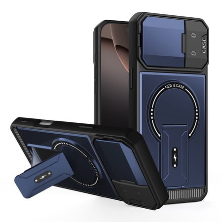 ELEHOLD Rugged Magnetic Case For Apple iPhone 14 With Camera Protective Cover,Shock-Absorbent PC+TPU Foldable Kickstand Rugged Case, Wireless Charging Compatible,Blue