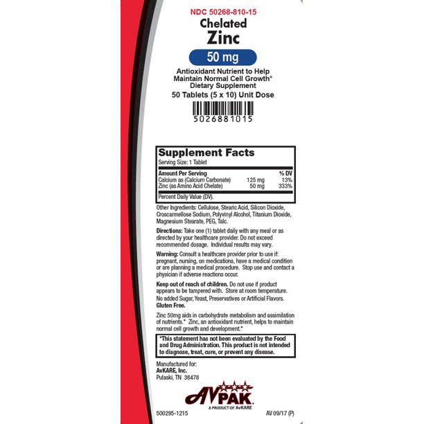 Avkare Chelated Zinc Tablets, 50mg, 50ct