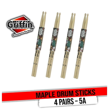GRIFFIN Attack Zzzap Drum Sticks - 4 Pairs of Select Elite Maple Wood Size 5A - Drummers Percussion Classic Pure Grit Uncoated, Raw Wood Drumming Sticks - Premium Balanced, Level and Straight