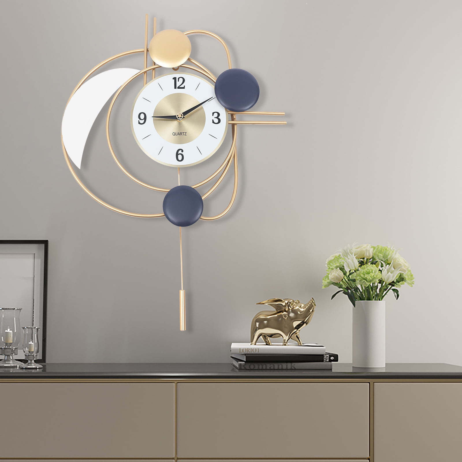 ChicHomey Wall Clock - Iron,Silent Sweeping Quartz Movement,Automatic Pendulum Swing, 8.27in Dial,Wall-Mounted Home Decor/Living Room Golden