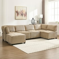 MOONMISS U-Shaped Corduroy Upholstered 6-Seat Convertible Modular Sectional Sofa Fit for Living Room-Khaki