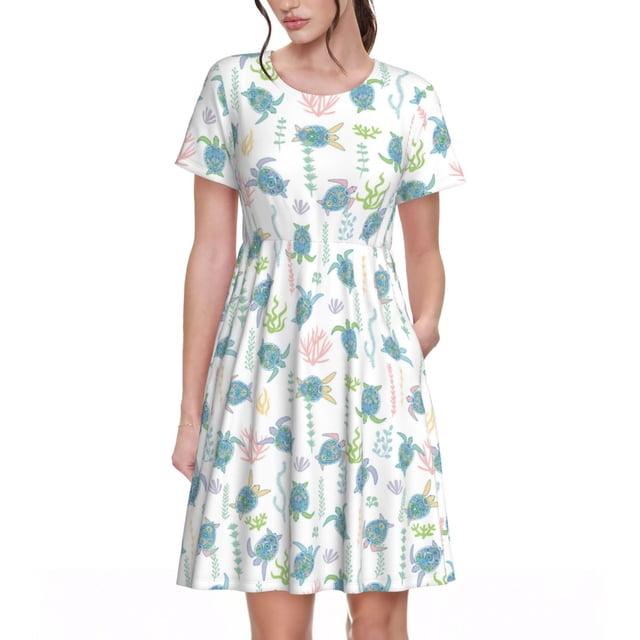 Balery Sea Turtle Vestidos sueltos de manga corta para mujer, vestidos de verano 2025, vestidos casuales de corte A con vuelo.