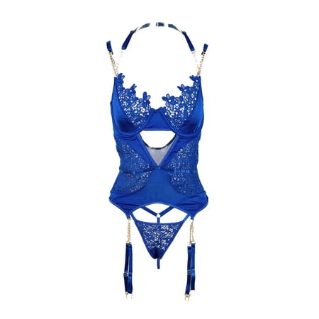 

LSFYSZD Women Sexy Two-piece Lingerie Set Solid Color Hollow Out Underwear and Panties Blue/ Black