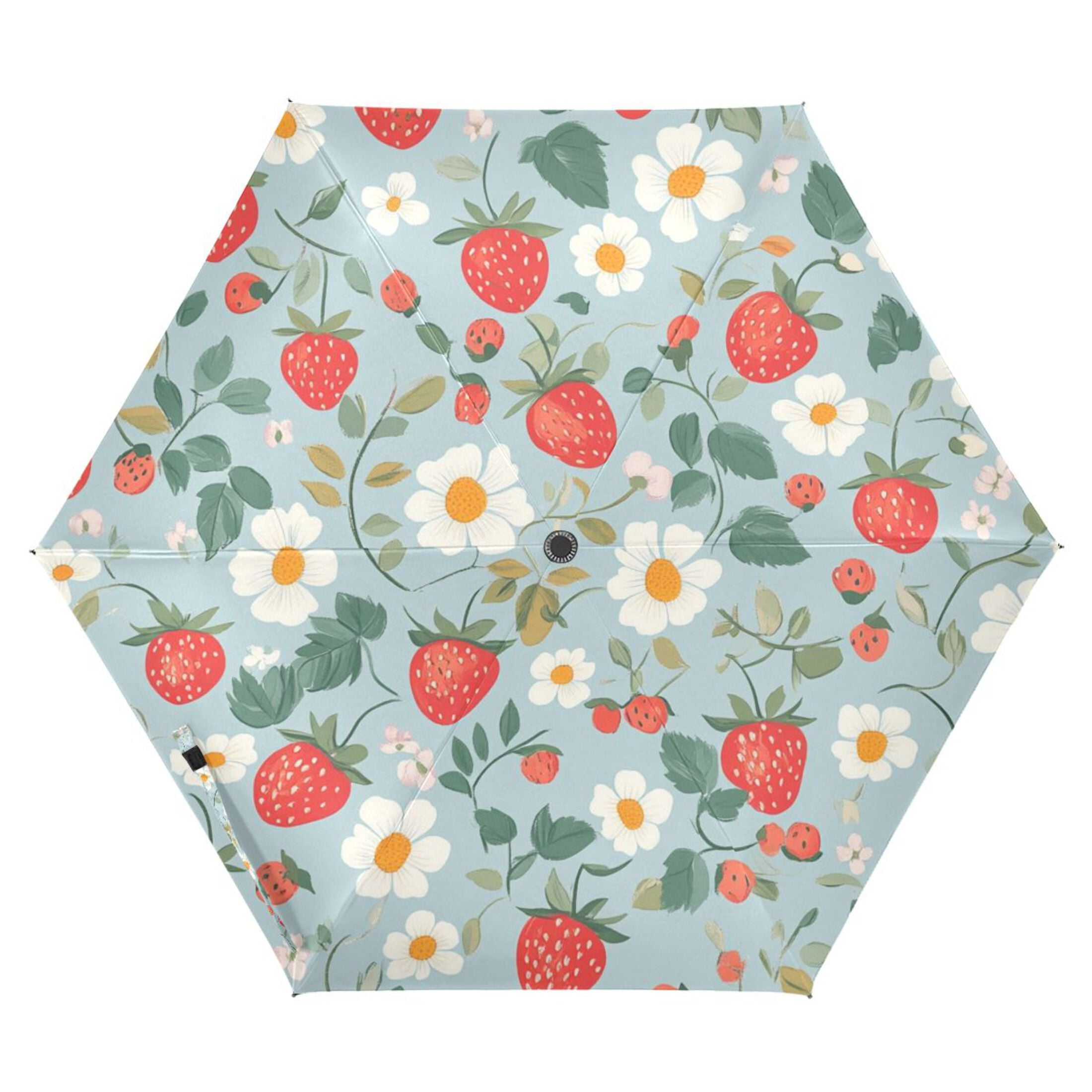 Strawberries and Strawberries Flowers Leaves Cute All Weather Umbrella Triple Folding Parasol 6 Ribs UV Protection Portable