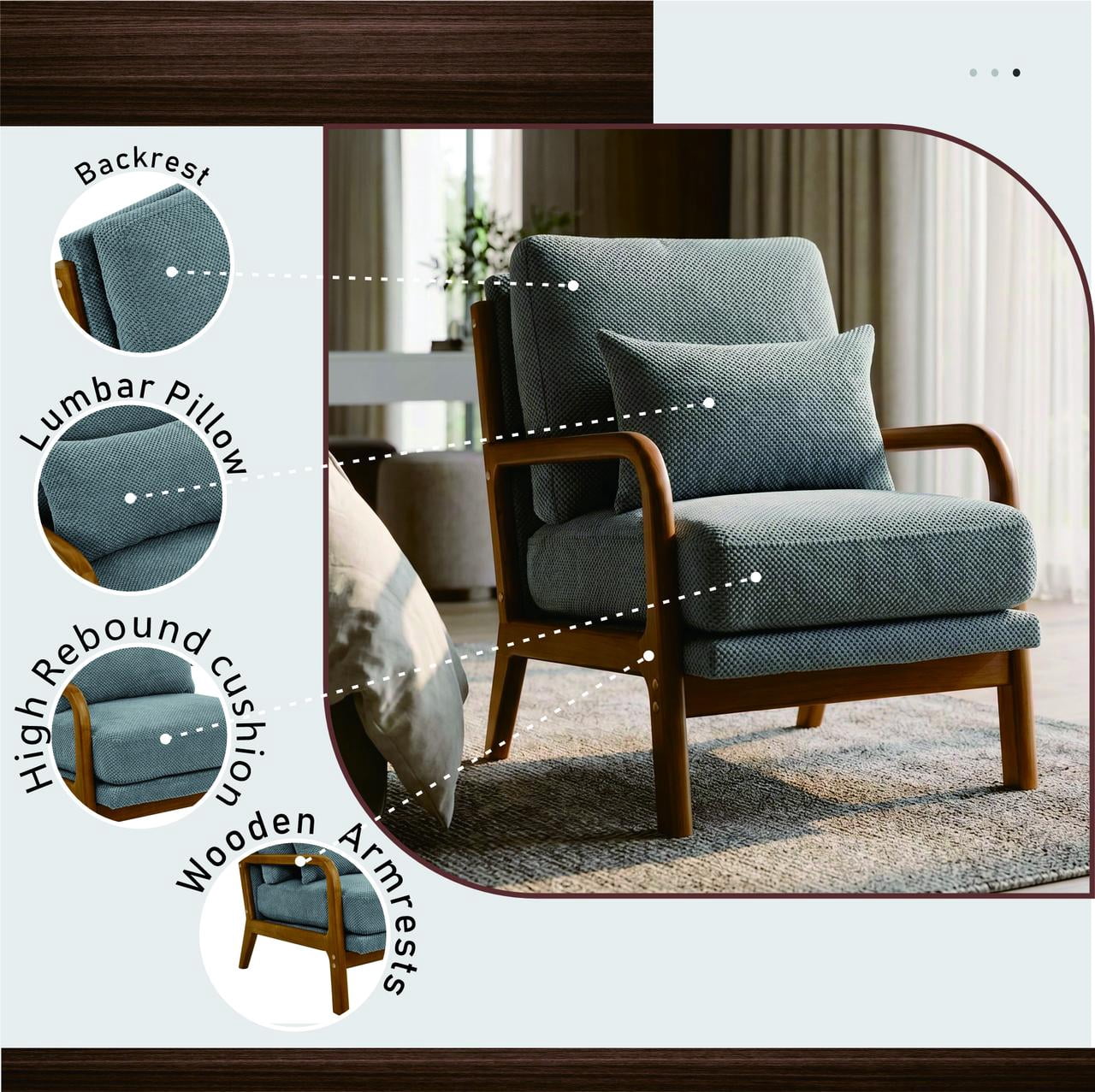Homy Casa Mid-Century Modern Accent Chair, Textured Fabric Reading Armchair with Wood Frame, Gray