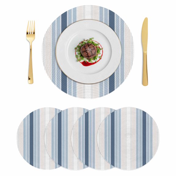 Grey Blue Vertical Stripes Round 13 Inch Placemats Set of 4, Modern Minimalist Abstract HeatResistant Non Slip Place Mats for Dining Table, Wipeable Braided Kitchen Table Mats for Housewarming