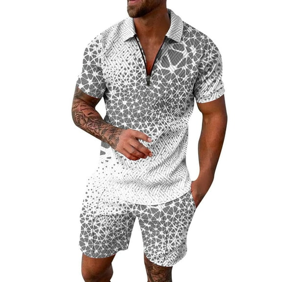 Vedolay Suits For Men,Men's Casual 2 Piece Outfits Short Sleeve Button Down Button Up Shirt And Shorts Set(Grey,XL)