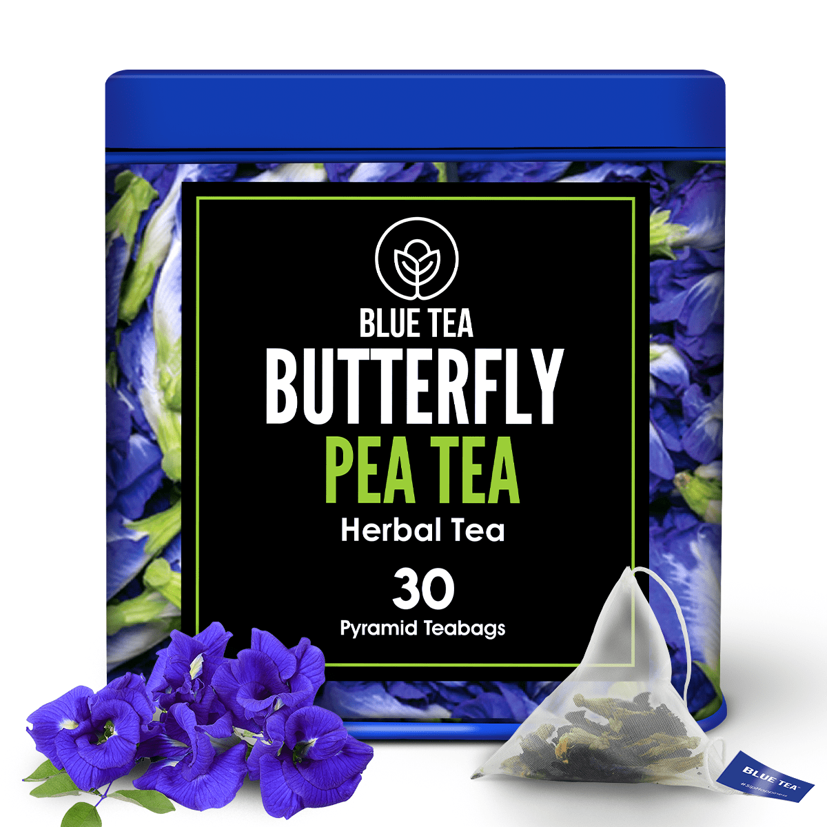 BLUE TEA - Butterfly Pea Flower - 30 Pyramid Tea Bags | NATURAL FOOD COLOR | Natural Blue Purple Pink Iced Tea, Cooler, Cocktails , Mocktails | Blue Pea - Gluten Free - Non GMO - Premium Tin Pack