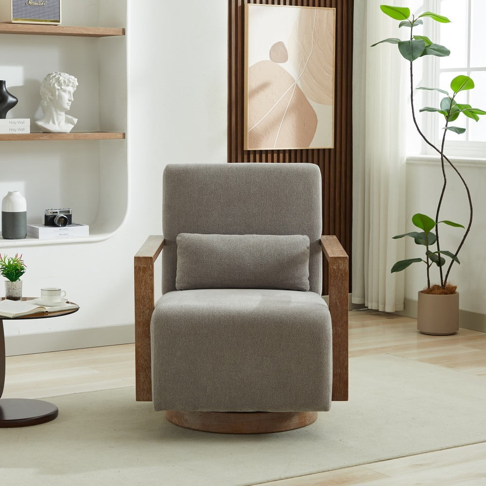 Swivel Accent Chair, 360 Degree Modern Upholstered Lounge Chair with Solid Wood Armrests, Linen Blend Fabric, Comfy Reading Chair for Living Room, Bedroom & Office, Gray