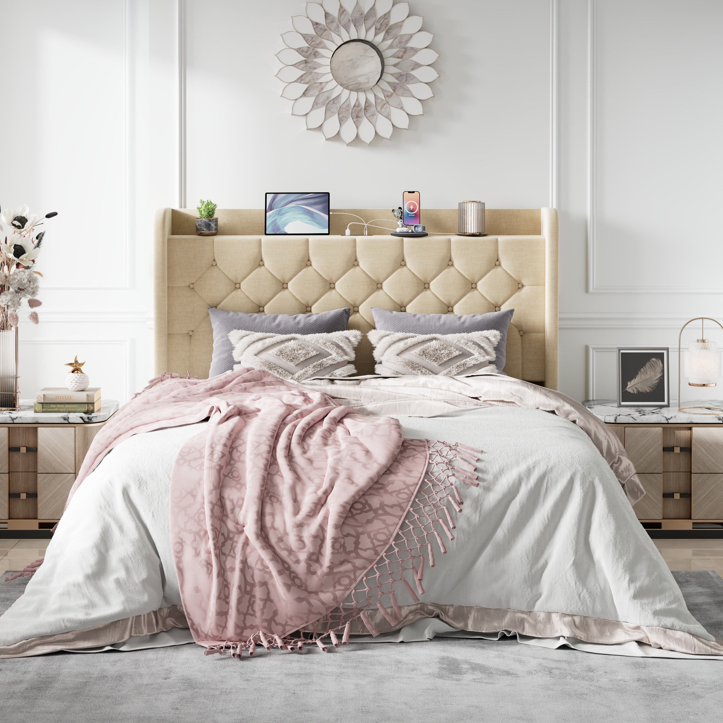 Amolife Full Bed Frame with Storage Wingback Headboard and Fast Charging Hub, Upholstered Platform Bed, No Box Spring Required, Beige