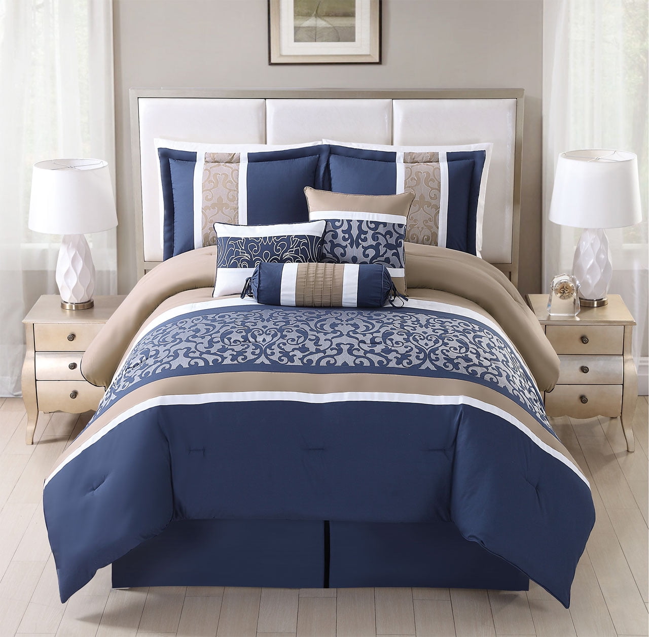 7 Piece Alondra Navy/Taupe Comforter Set