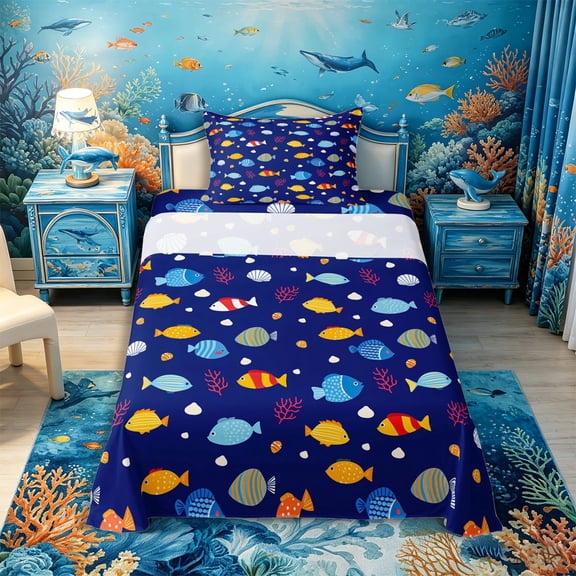 Castle Fairy Cute Kids Tropical Fish Coral Twin Sheets 3pcs,Seashell Dark Blue Underwater Tile Bedding,Yellow Navy,1 Fitted Sheet,1 Flat Sheet and 1 Pillowcase