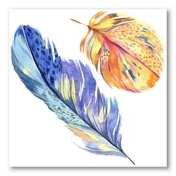 Colorful Blue and Golden Bird Feather From Wing 30 in x 30 in Painting Canvas Art Print, by Designart