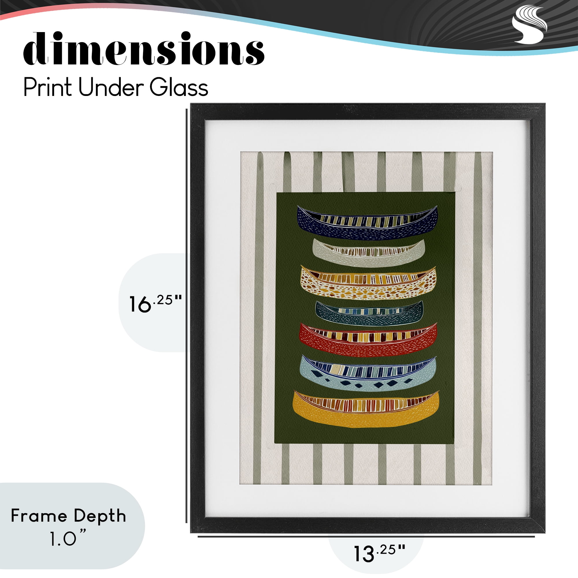 Stupell Industries Patterned Canoes over Stripes Black Framed Print Under Glass, design by Yen