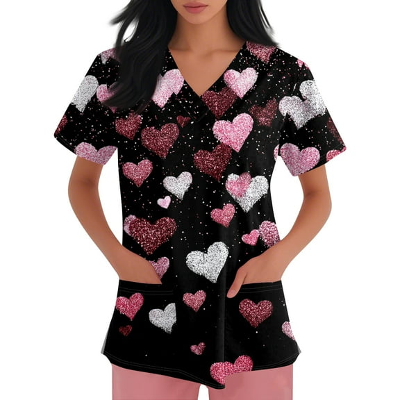 Lumtrix Valentine's Day Women's Short Sleeve Scrub Tops V Neck Nursing Uniform with Pockets Plus Size Heart Print Work Shirts Black 3XL