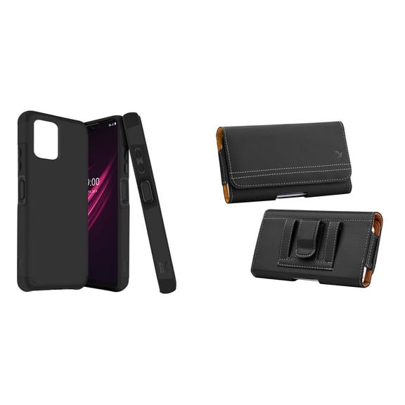 Case and Pouch Bundle for REVVL 6 5G: Dual Layer Slim Case (Black) and PU Leather Magnetic Belt Holster