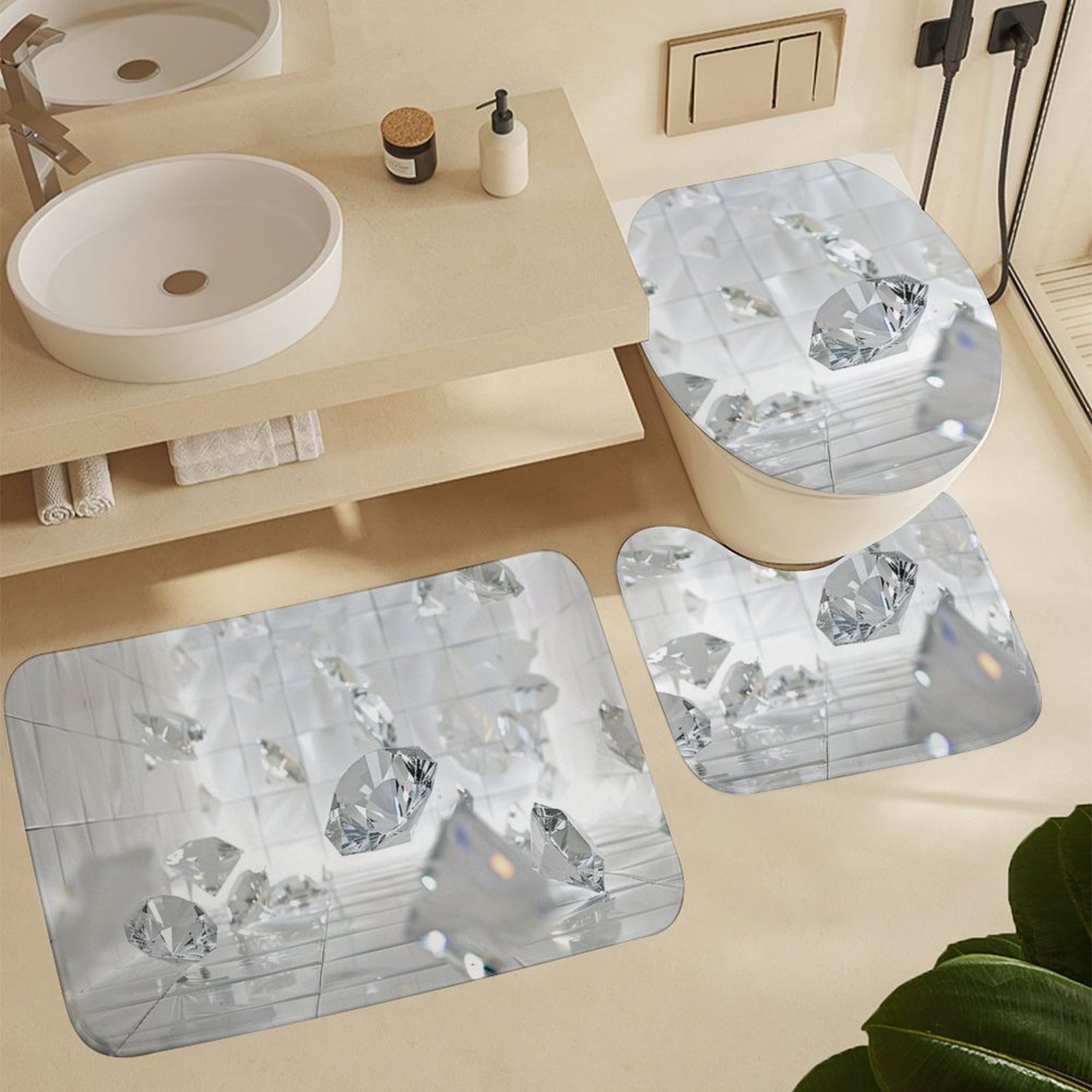 Clear Diamonds 4 Pcs Bathroom Shower Curtain Set, Bathroom Sets with Rugs (Bath Mat, U Shape and Toilet Lid Cover Mat) and 12 Hooks,