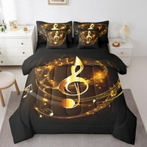Golden Musical Notes Bed in a Bag King Size Comforter Set 7 Pieces,Swirl Spiral Circle Bedding Sets Hip Hop Pop Music Sheet Set with Comforter,Modern Rock Bed Set