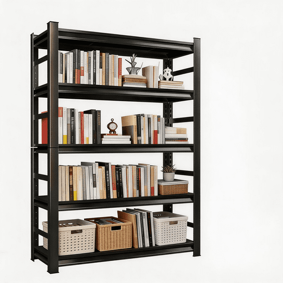 5-Tier Metal BookShelf, 72'‘H x 36"W x 16"D Industrial Bookshelves,Heavy Duty Storage Shelf for Books, Adjustable Standing Book Shelf for Living Room,Bedroom,Office,Library,Tool-Free Assembly, Black