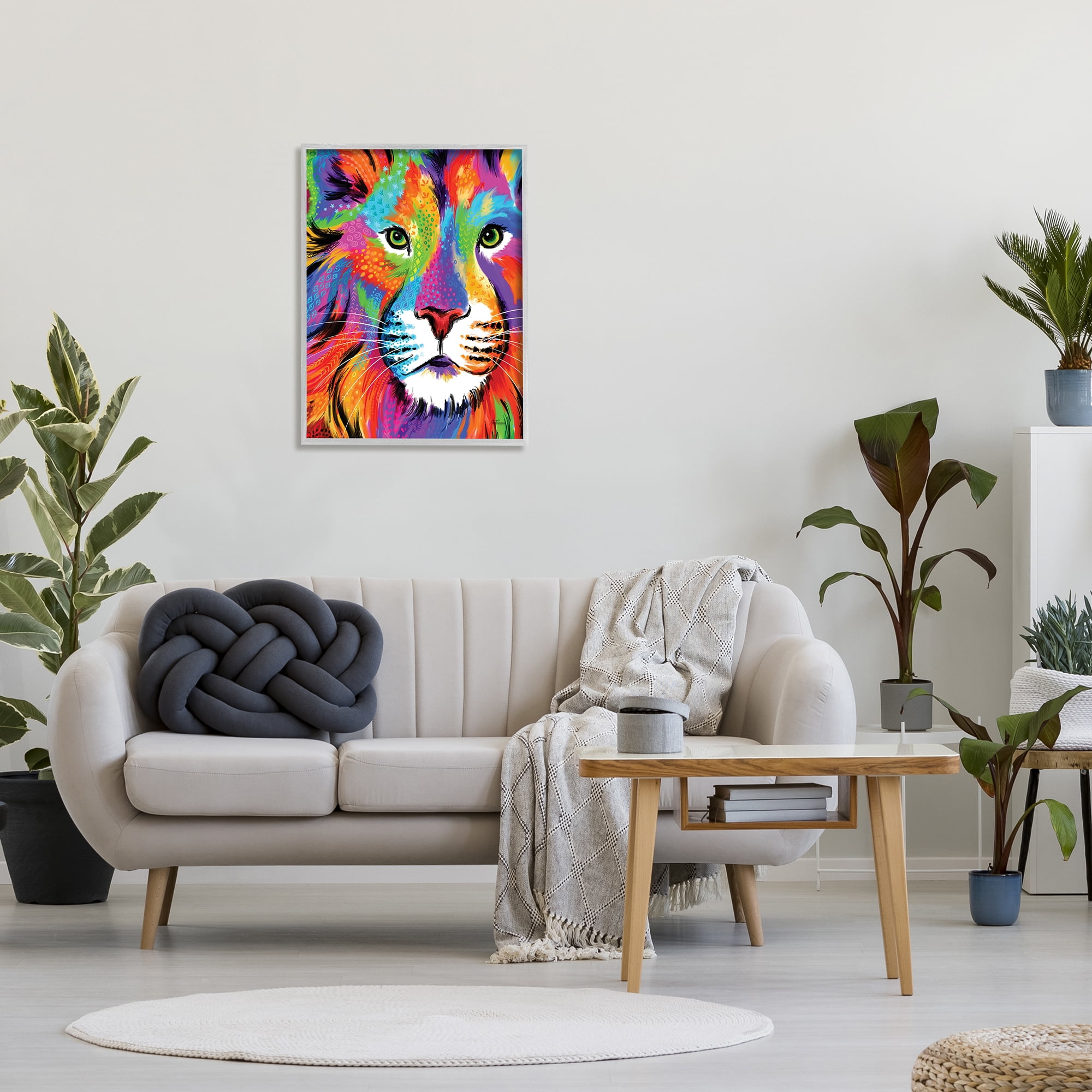 Stupell Industries Bold Hued Lion Portrait Animals & Insects Painting Gray Framed Art Print Wall Art, 24 x 30