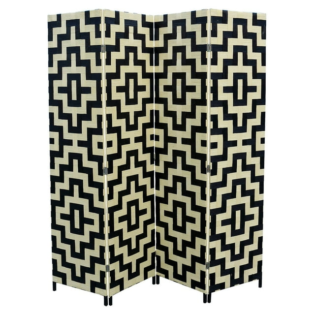 70.75" Tall 4-Panel Screen / Room Divider with Paper Straw Weave design, Black and Natural