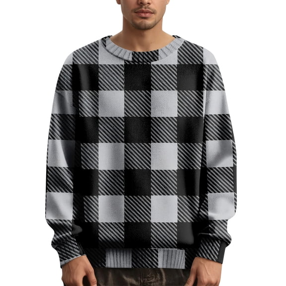 Men's Plaid Knit Sweater Long Sleeve Crew Neck Casual Pullover Top