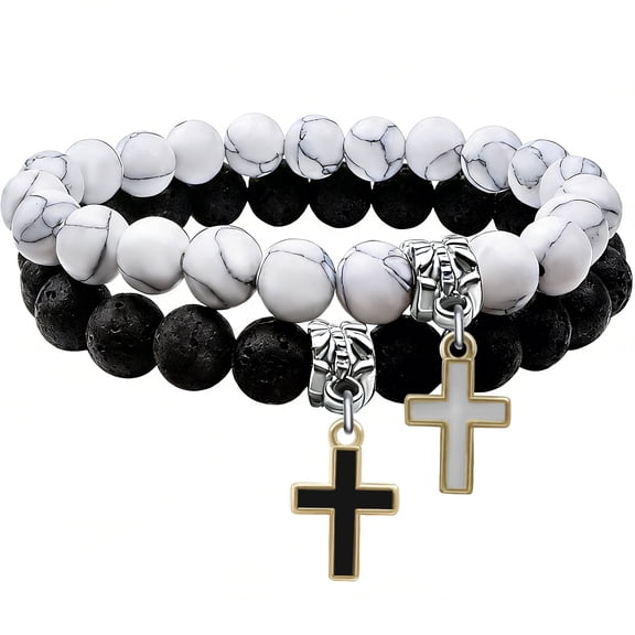 2Pcs Matching Couple Cross Bracelets, 8mm Matte Lava Rock Howlite Black White Beads Elastic Stretch Religious Charm, Friendship BFF Gift Jewelry for Men Women
