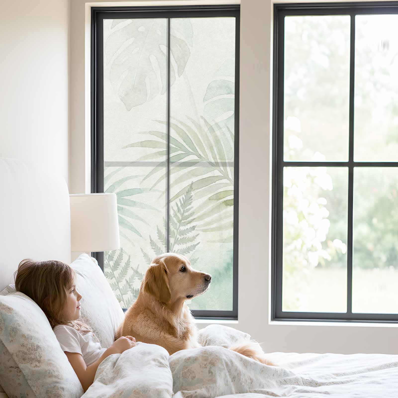 Summer Botanical Window Privacy Film, Green Tropical Palm Leaves Watercolor Static Cling UV Sun Blocking Heat Control Window Tint Day and Night, Non-Adhesive One Way Windows Privacy Cover 23.6''x59''