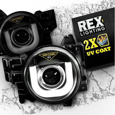 REX 07-14 Toyota FJ Cruiser Projector Headlights w/ Illuminating CCFL U-DRL and EVRCLEAR Protection - Black Housing/Clear Lens - Left and Right Hand Side Replacement Assembly - 1 Year