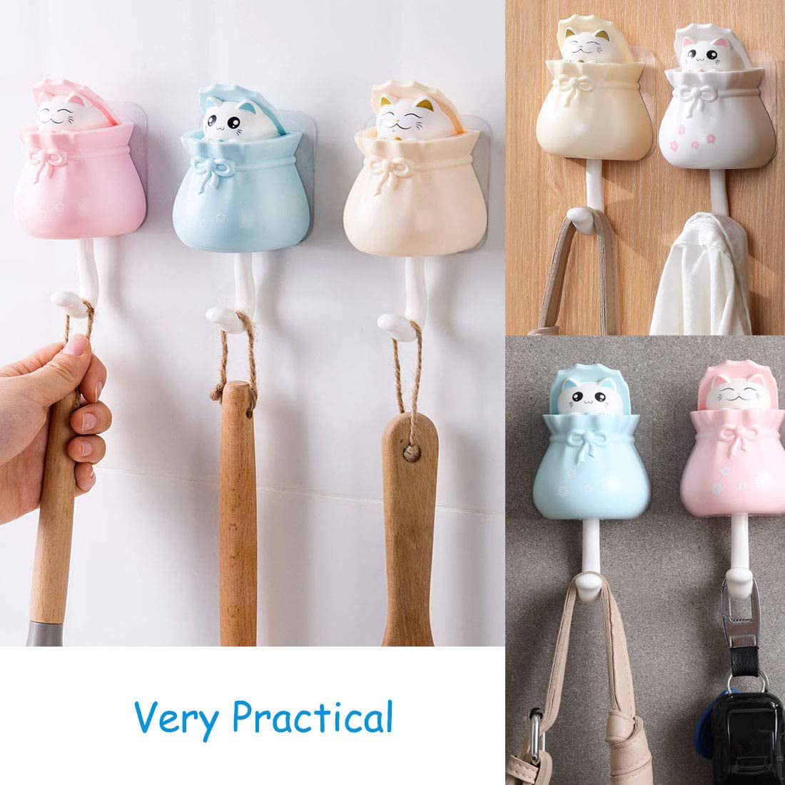 Pack of 4 cute cat hooks, creative adhesive clothes hooks, heavy-duty  decorative wall hooks for keys, towels, backpacks, and hats 