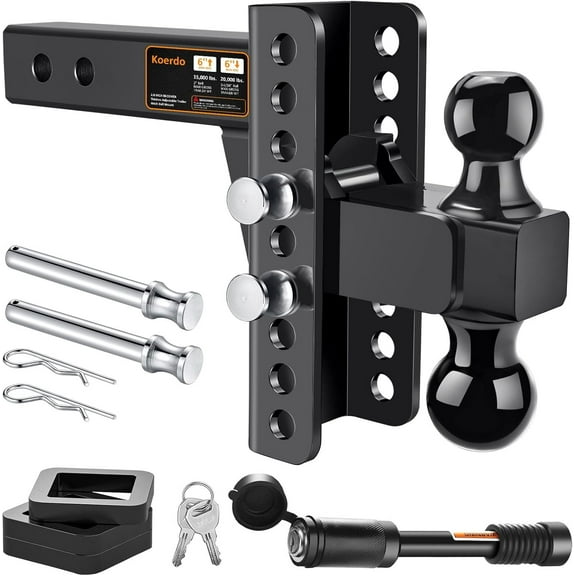 Adjustable Trailer Hitch -Drop Hitch-Tow Hitch with 2 inch Receiver-6inch Drop/Rise, 2" & 2-5/16" Ball Hitches for Trucks, 20,000 LBS GTW, Trailer Hitches with Anti-Theft Pin, Black