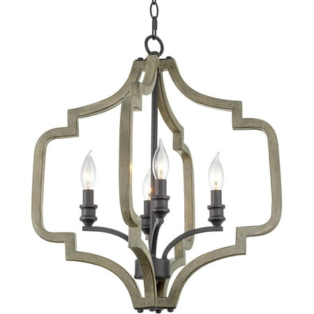 

Kira Home Atwood 22.5 4-Light Farmhouse Pendant Light Chandelier Open Design Gray Oak Wood Style + Sandblasted Black Finish