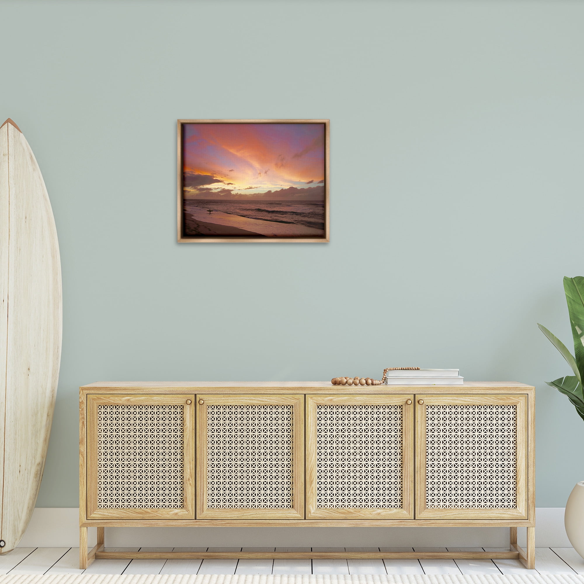 Stupell Industries Surfing Beach Waves at Sunset Nature Photography Brown Floater Framed Canvas Art Print Wall Art, 31 x 25