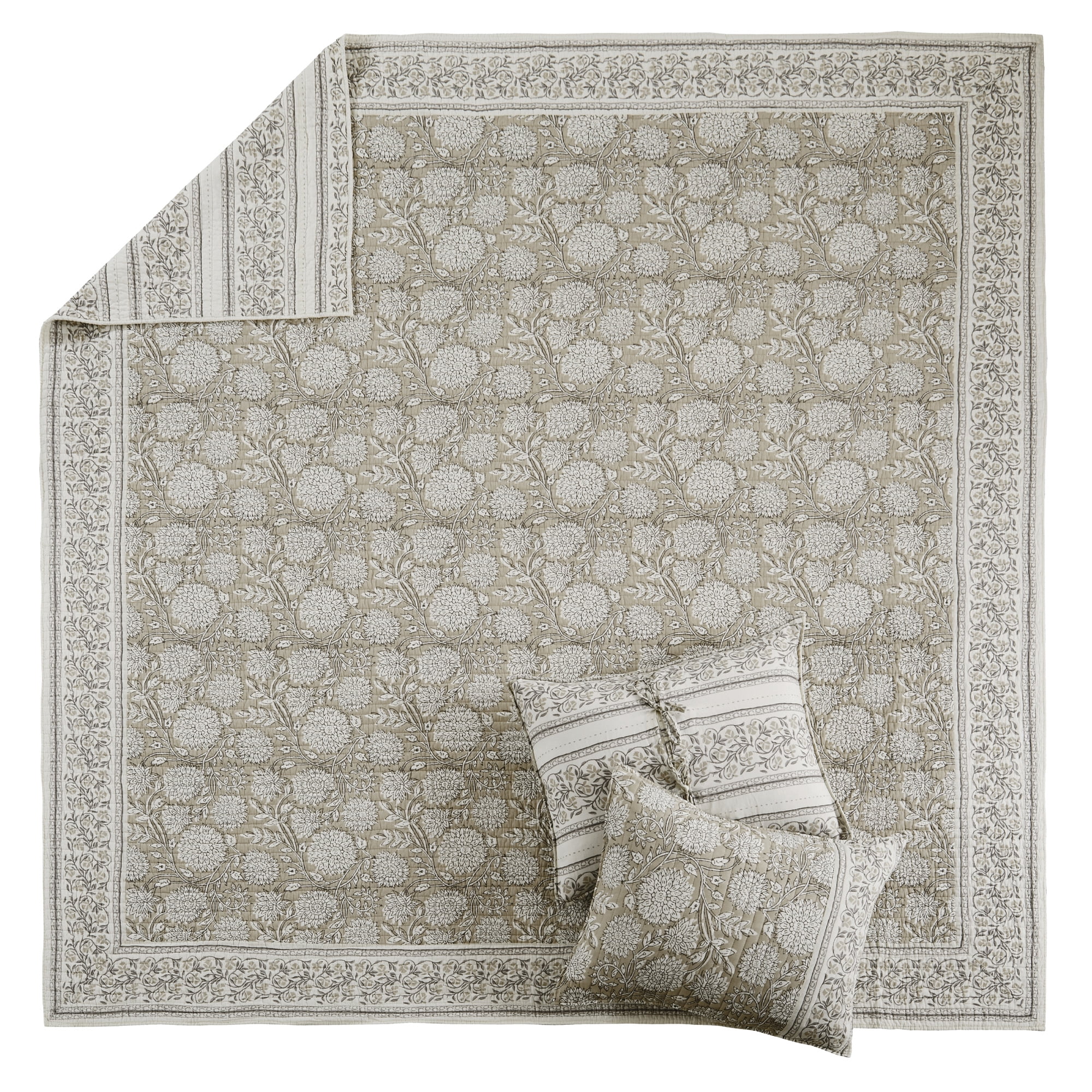 Levtex Home - Adare Taupe Quilt Set - Full/Queen Quilt and Two Standard Shams - Bordered Floral - Taupe, Grey and Cream - Quilt (88x92in.) and Shams (20x26in.) - Reversible - Cotton